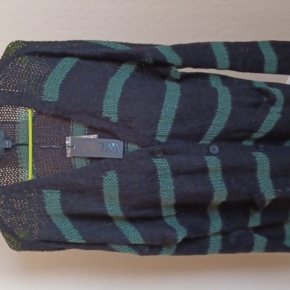 DOLLSKILL WIDOW L/XL CURSE BREAKER KNIT CARDIGAN BLACK WITH GREEN STRIPS SWEATER - Picture 2 of 12